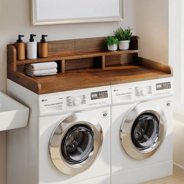 Wood 2 - Tier Washer Dryer Countertop with Edge Rails, 54" W x 27.5" D Washer and Dryer Topper for Laundry Room Organization and Storage, Walnut